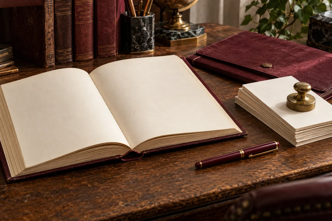 An open blank ledger, source cards and a burgundy folder on an archival desk